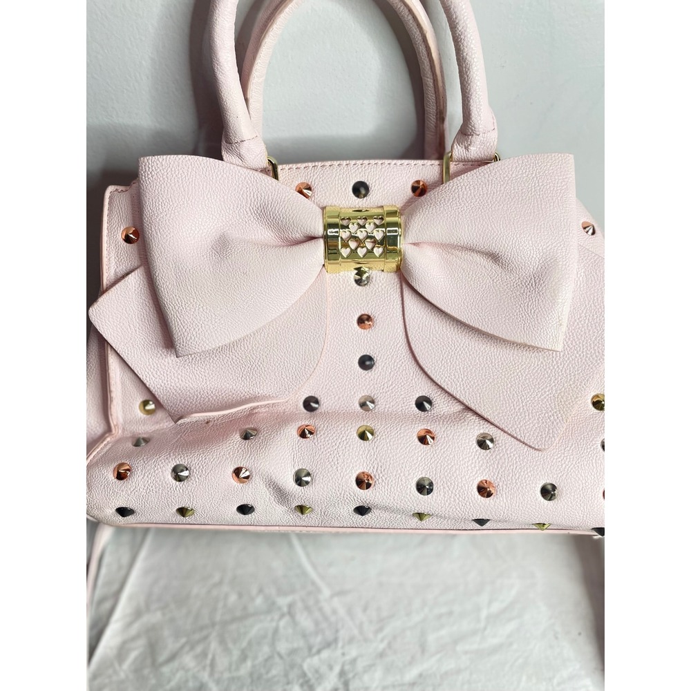 Betsey Johnson Pink Bow Studded Satchel Crossbody Bag Gold Hardware - Picture 2 of 8